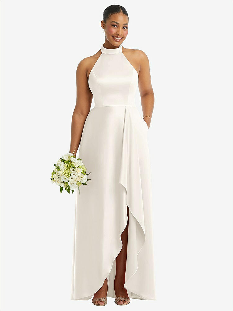 【STYLE: 3113】High-Neck Tie-Back Halter Cascading High Low Maxi Dress【COLOR: Ivory】