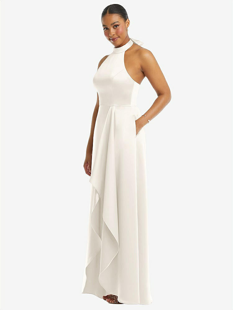 【STYLE: 3113】High-Neck Tie-Back Halter Cascading High Low Maxi Dress【COLOR: Ivory】