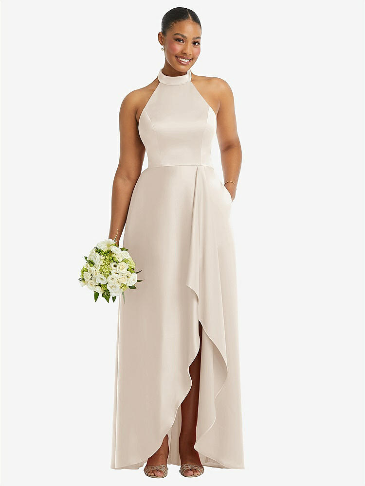【STYLE: 3113】High-Neck Tie-Back Halter Cascading High Low Maxi Dress【COLOR: Oat】