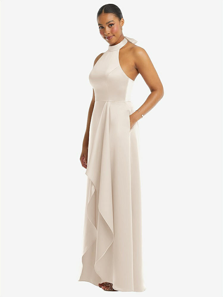 【STYLE: 3113】High-Neck Tie-Back Halter Cascading High Low Maxi Dress【COLOR: Oat】