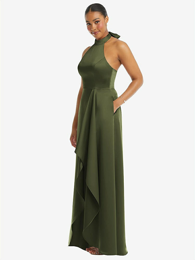 【STYLE: 3113】High-Neck Tie-Back Halter Cascading High Low Maxi Dress【Olive Green】