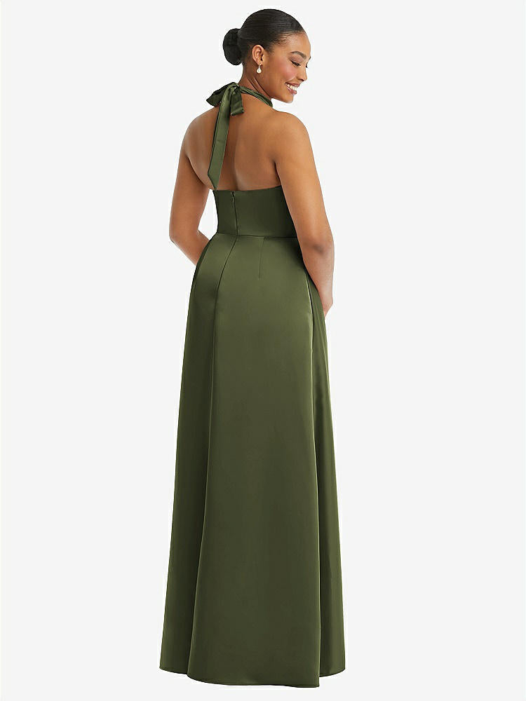 【STYLE: 3113】High-Neck Tie-Back Halter Cascading High Low Maxi Dress【Olive Green】