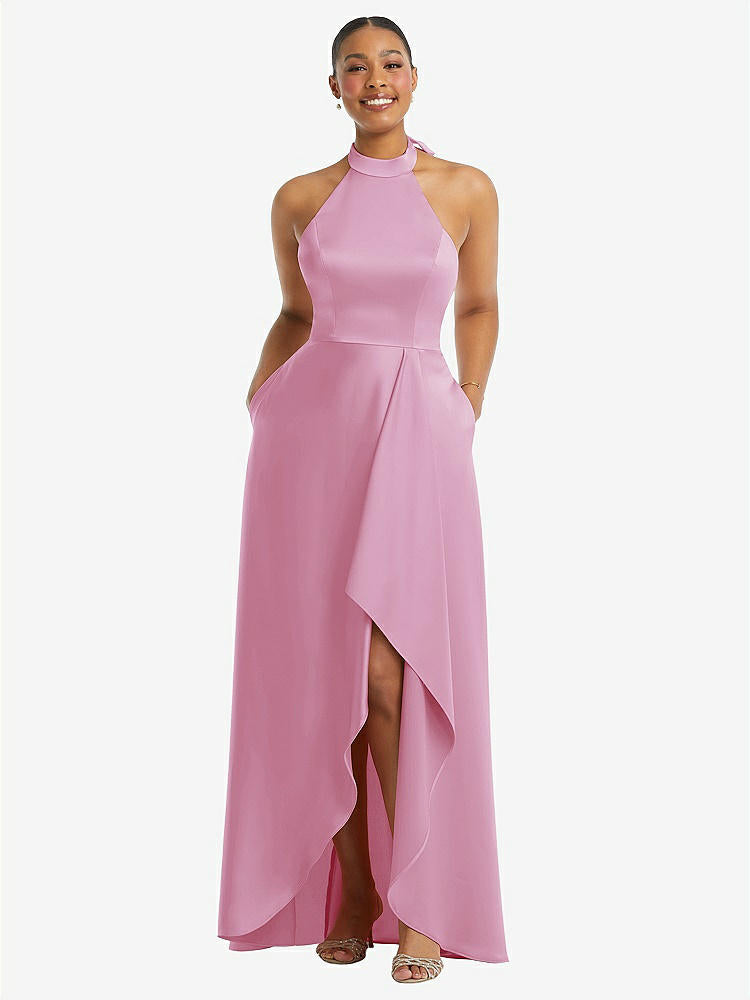 【STYLE: 3113】High-Neck Tie-Back Halter Cascading High Low Maxi Dress【COLOR: Powder Pink】