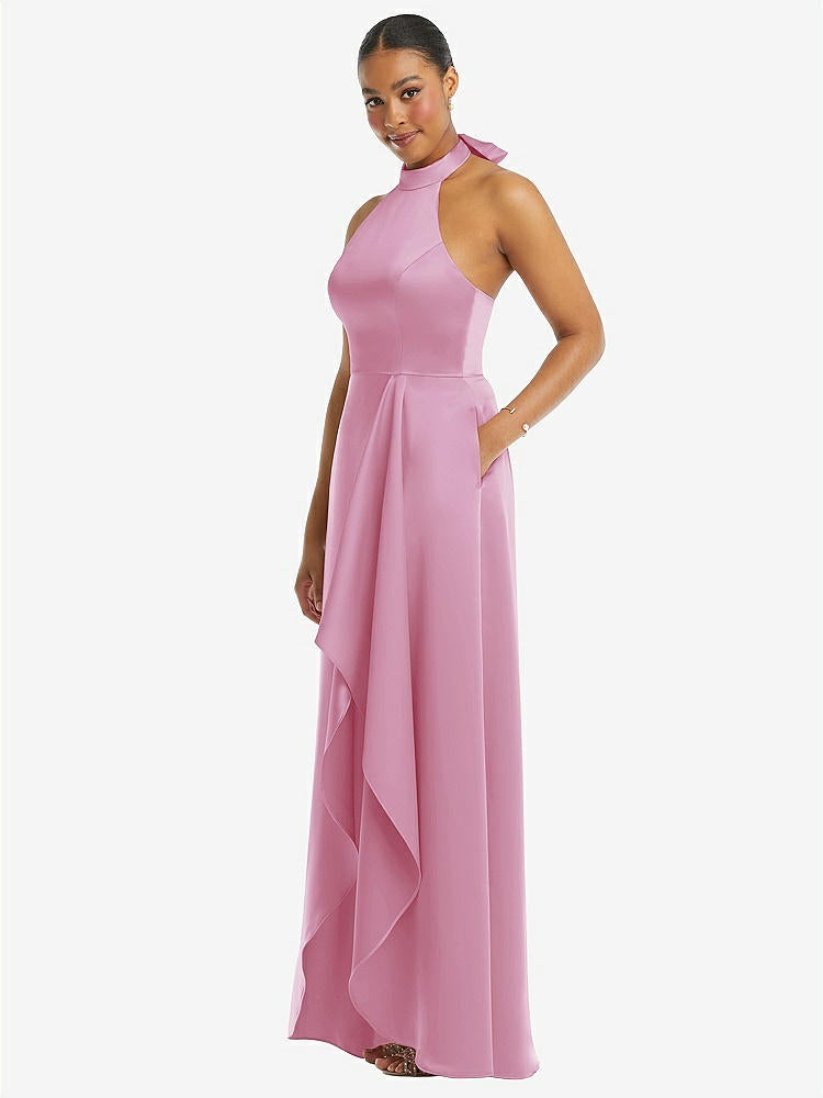 【STYLE: 3113】High-Neck Tie-Back Halter Cascading High Low Maxi Dress【COLOR: Powder Pink】