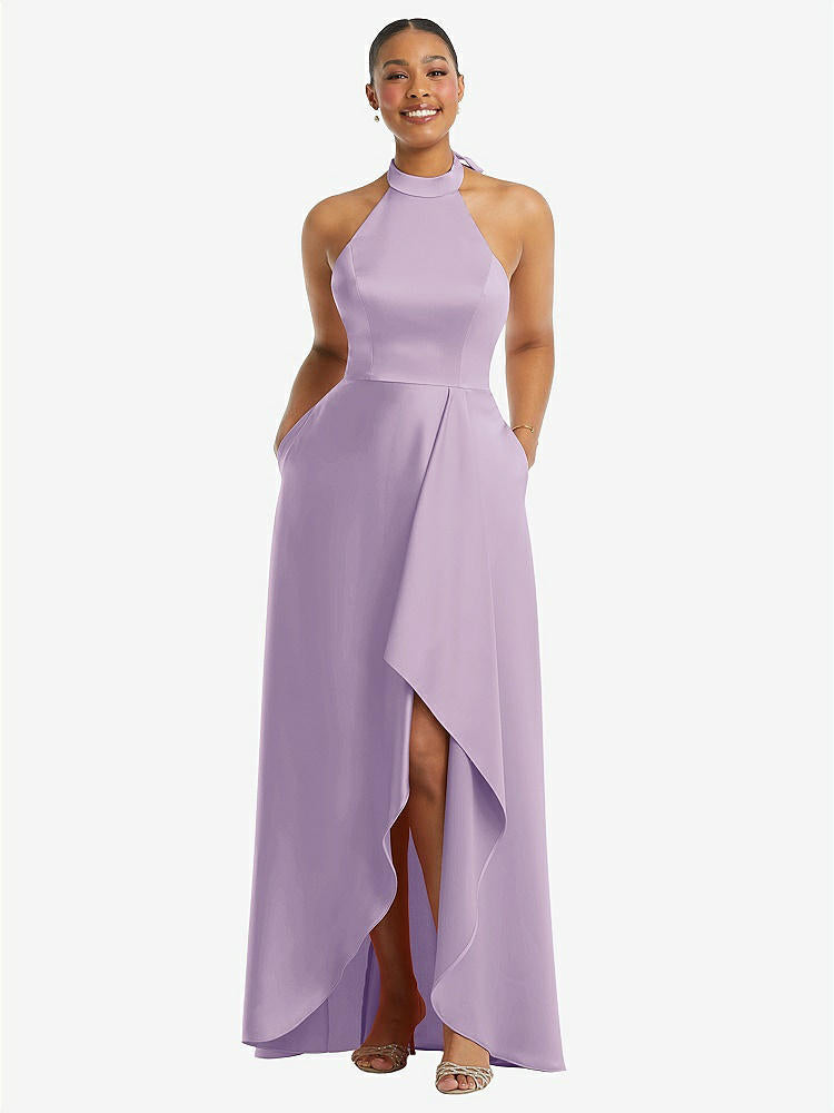 【STYLE: 3113】High-Neck Tie-Back Halter Cascading High Low Maxi Dress【COLOR: Pale Purple】