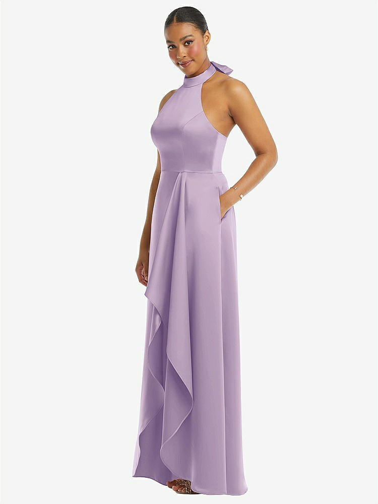 【STYLE: 3113】High-Neck Tie-Back Halter Cascading High Low Maxi Dress【COLOR: Pale Purple】