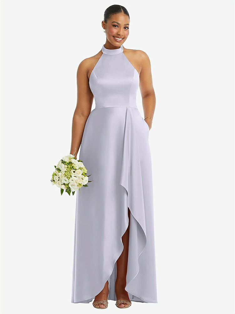 【NEW】【STYLE: 3113】ハイネック ネクタイバック ホルター カスケード 高 低 マキシ ドレス【COLOR: Silver Dove】【SIZE: 00-30W】