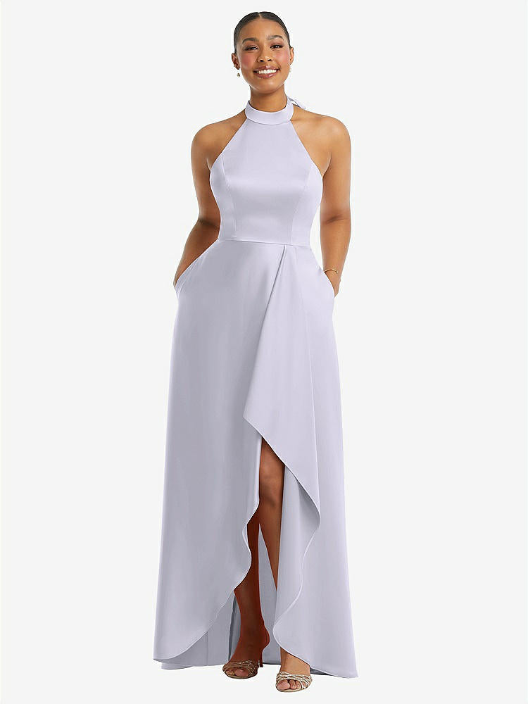 【NEW】【STYLE: 3113】ハイネック ネクタイバック ホルター カスケード 高 低 マキシ ドレス【COLOR: Silver Dove】【SIZE: 00-30W】