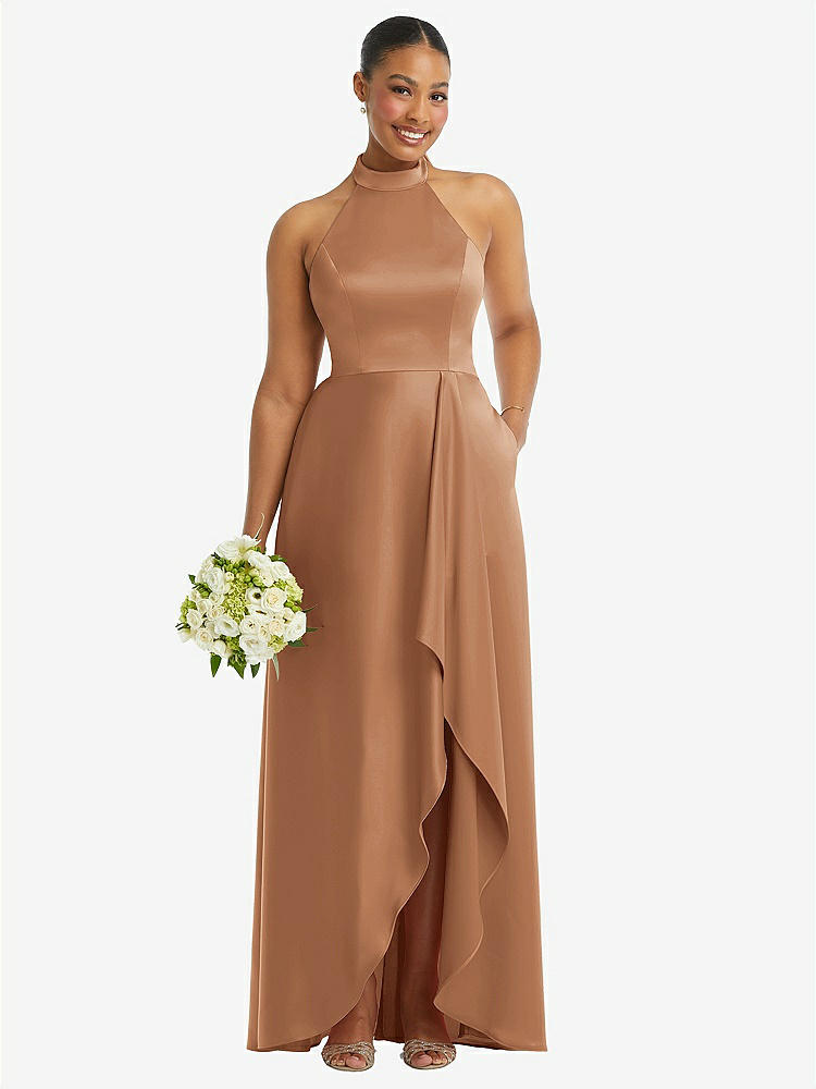 【STYLE: 3113】High-Neck Tie-Back Halter Cascading High Low Maxi Dress【COLOR: Toffee】