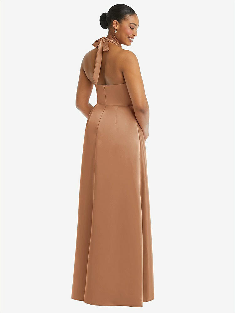 【STYLE: 3113】High-Neck Tie-Back Halter Cascading High Low Maxi Dress【COLOR: Toffee】