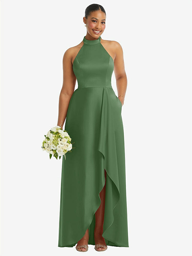 【STYLE: 3113】High-Neck Tie-Back Halter Cascading High Low Maxi Dress【Vineyard Green】