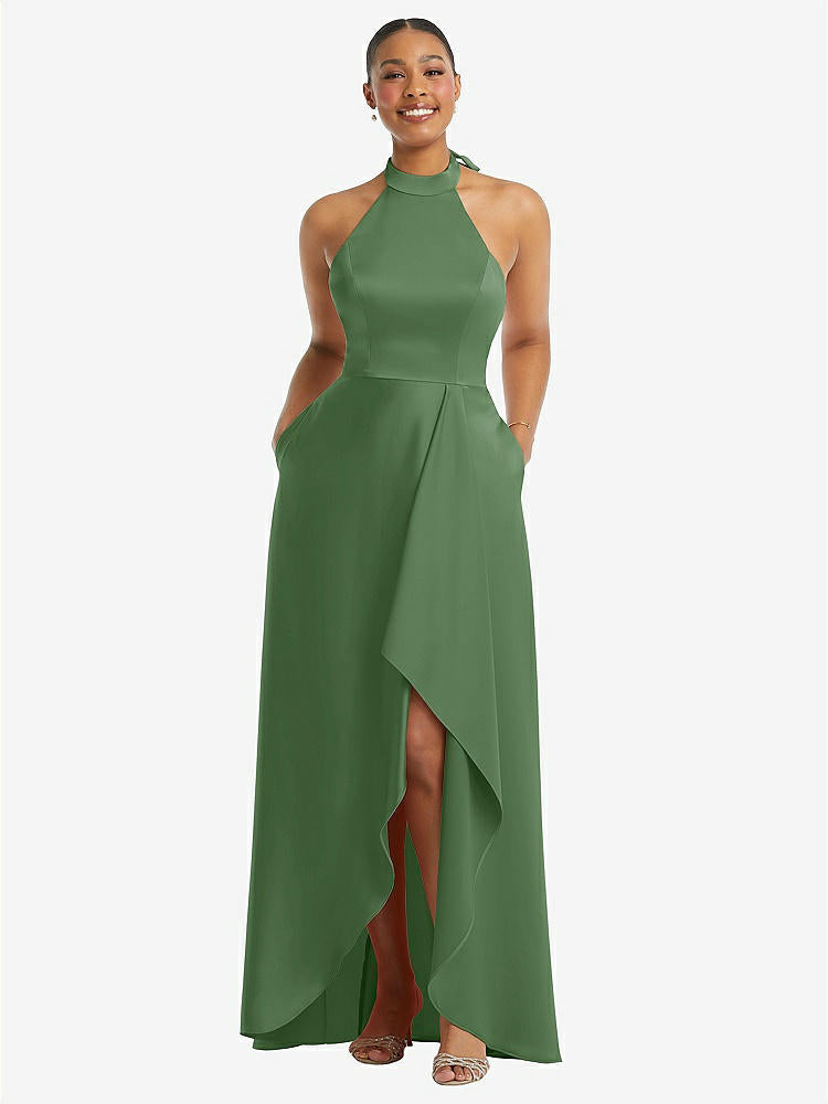 【STYLE: 3113】High-Neck Tie-Back Halter Cascading High Low Maxi Dress【Vineyard Green】