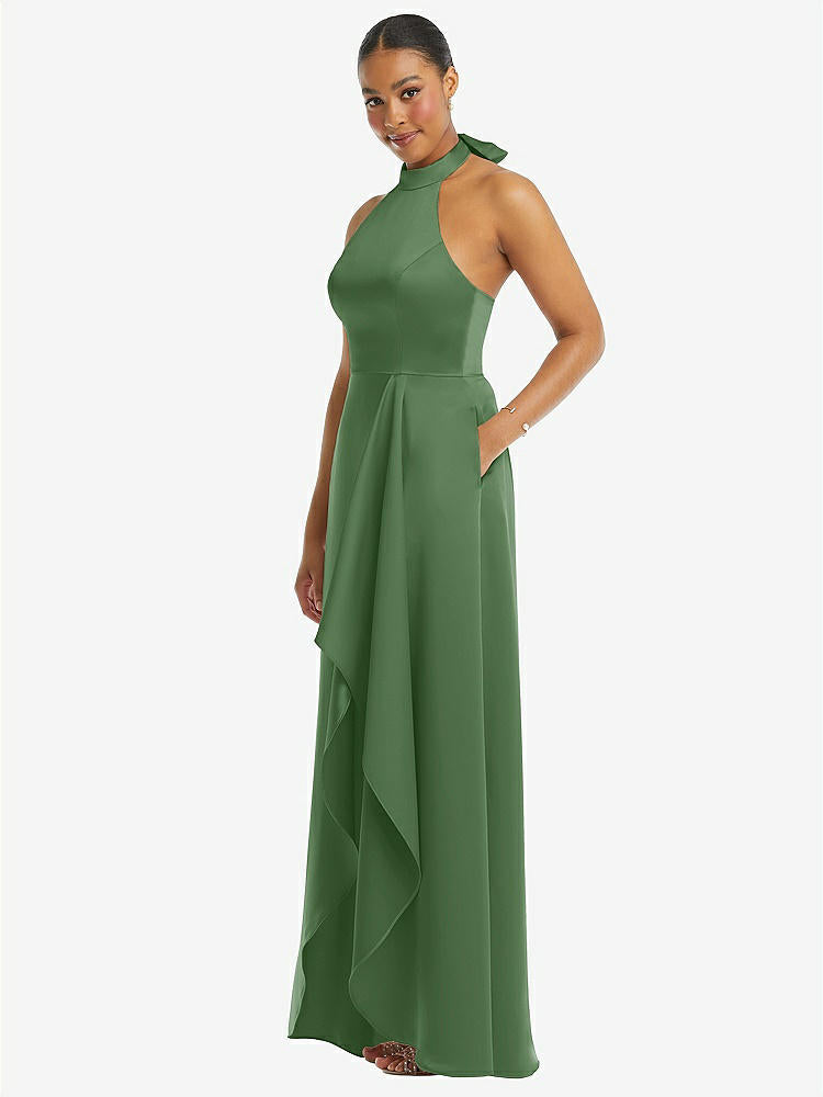 【STYLE: 3113】High-Neck Tie-Back Halter Cascading High Low Maxi Dress【Vineyard Green】