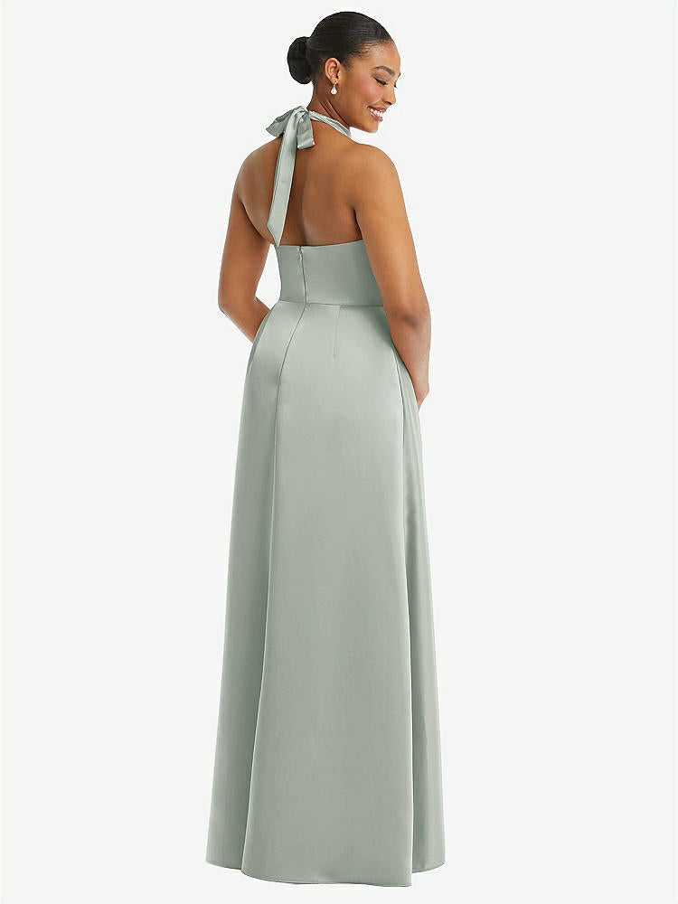 【STYLE: 3113】High-Neck Tie-Back Halter Cascading High Low Maxi Dress【COLOR: Willow Green】