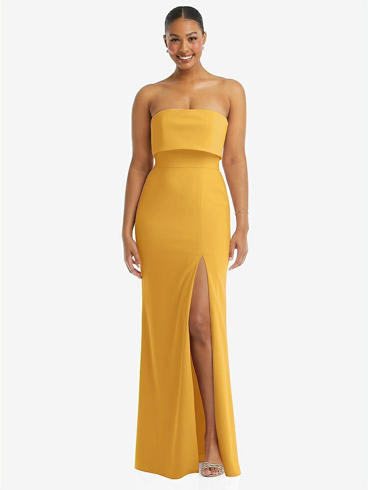 【NEW】【STYLE: 3115】ストラップレス オーバーレイ ボディス クレープ マキシ ドレス 前面 スリット【COLOR: NYC Yellow】【SIZE: 00-18W】