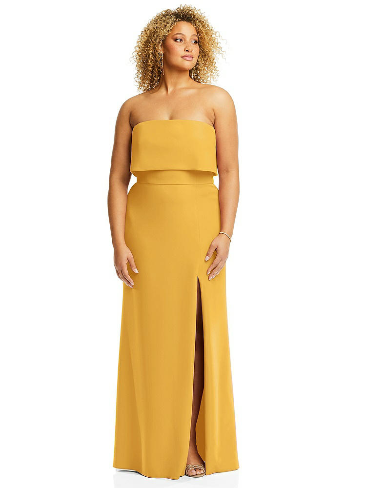 【NEW】【STYLE: 3115】ストラップレス オーバーレイ ボディス クレープ マキシ ドレス 前面 スリット【COLOR: NYC Yellow】【SIZE: 00-18W】