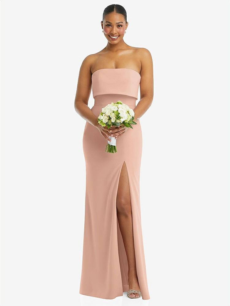 【STYLE: 3115】Strapless Overlay Bodice Crepe Maxi Dress with Front Slit【COLOR: Pale Peach】