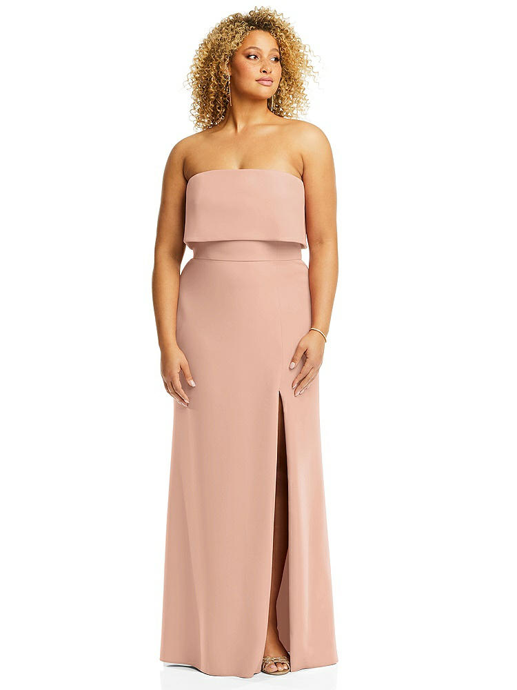 【STYLE: 3115】Strapless Overlay Bodice Crepe Maxi Dress with Front Slit【COLOR: Pale Peach】