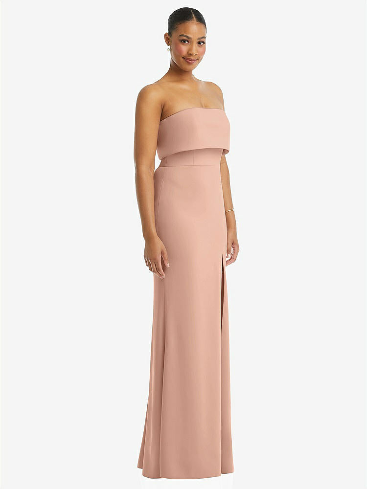 【STYLE: 3115】Strapless Overlay Bodice Crepe Maxi Dress with Front Slit【COLOR: Pale Peach】