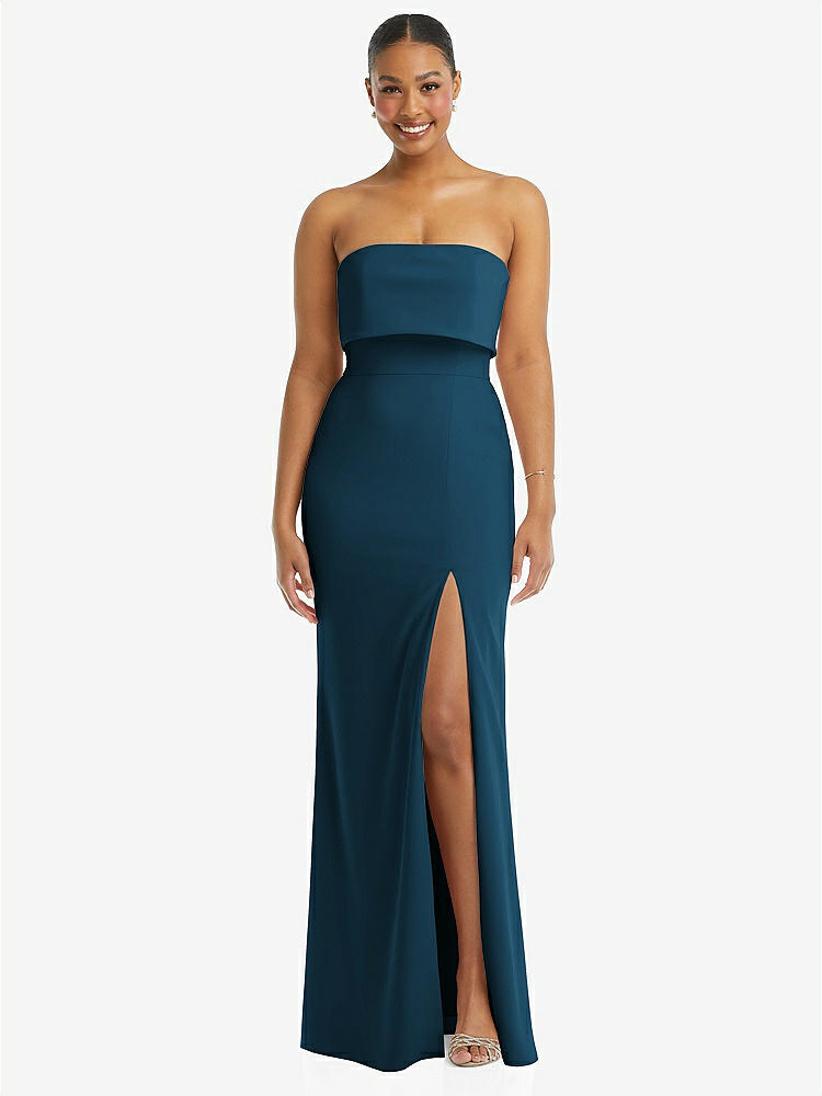 【STYLE: 3115】Strapless Overlay Bodice Crepe Maxi Dress with Front Slit【COLOR: Atlantic Blue】