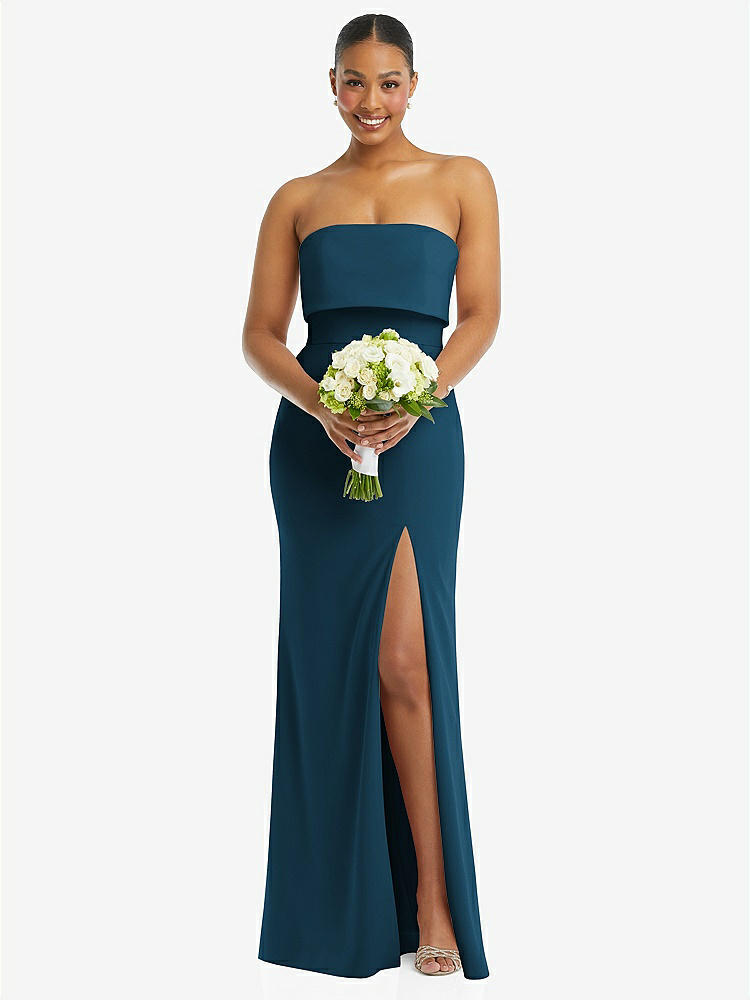 【STYLE: 3115】Strapless Overlay Bodice Crepe Maxi Dress with Front Slit【COLOR: Atlantic Blue】