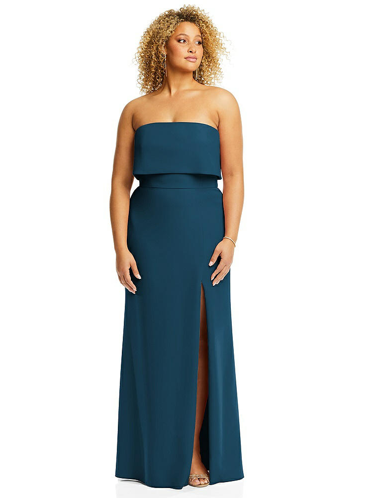 【STYLE: 3115】Strapless Overlay Bodice Crepe Maxi Dress with Front Slit【COLOR: Atlantic Blue】