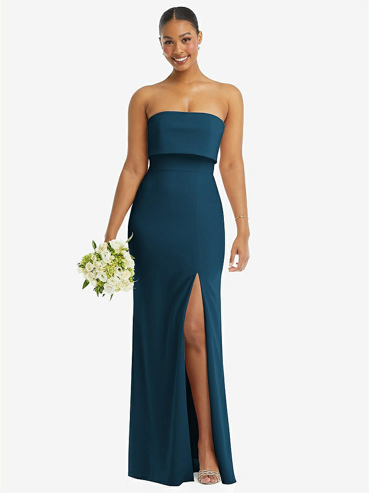 【STYLE: 3115】Strapless Overlay Bodice Crepe Maxi Dress with Front Slit【COLOR: Atlantic Blue】