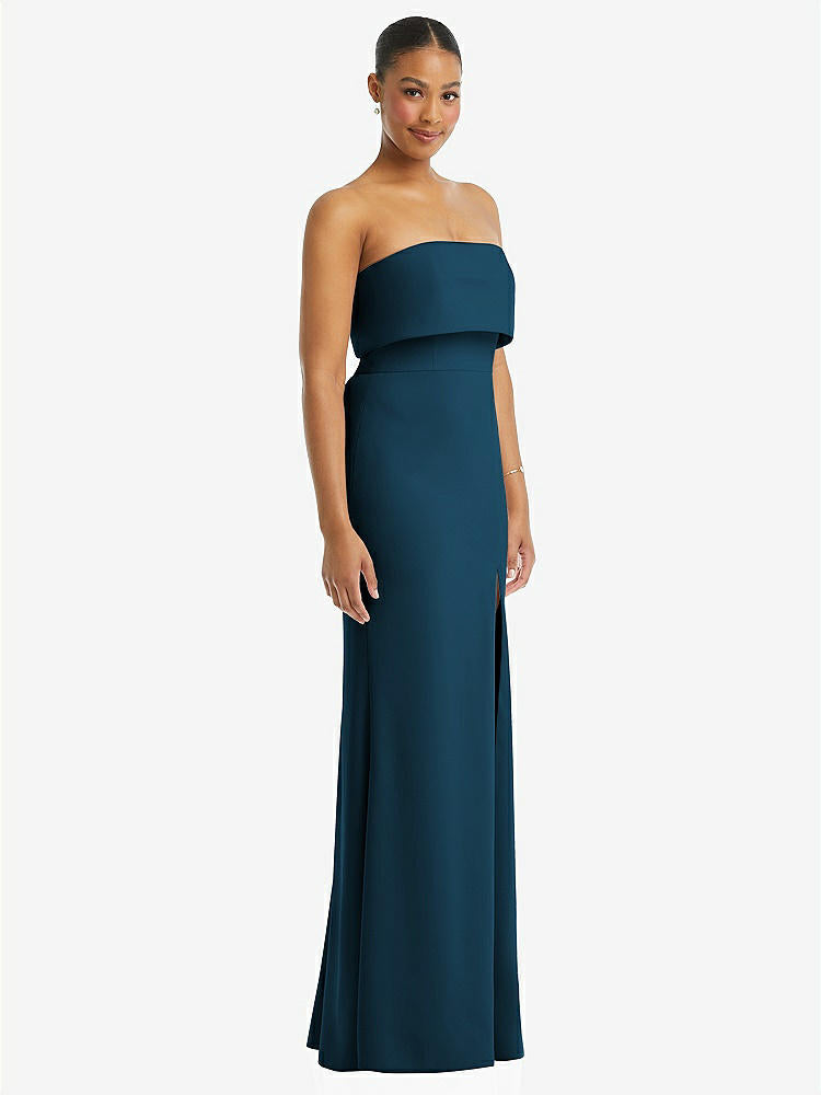【STYLE: 3115】Strapless Overlay Bodice Crepe Maxi Dress with Front Slit【COLOR: Atlantic Blue】