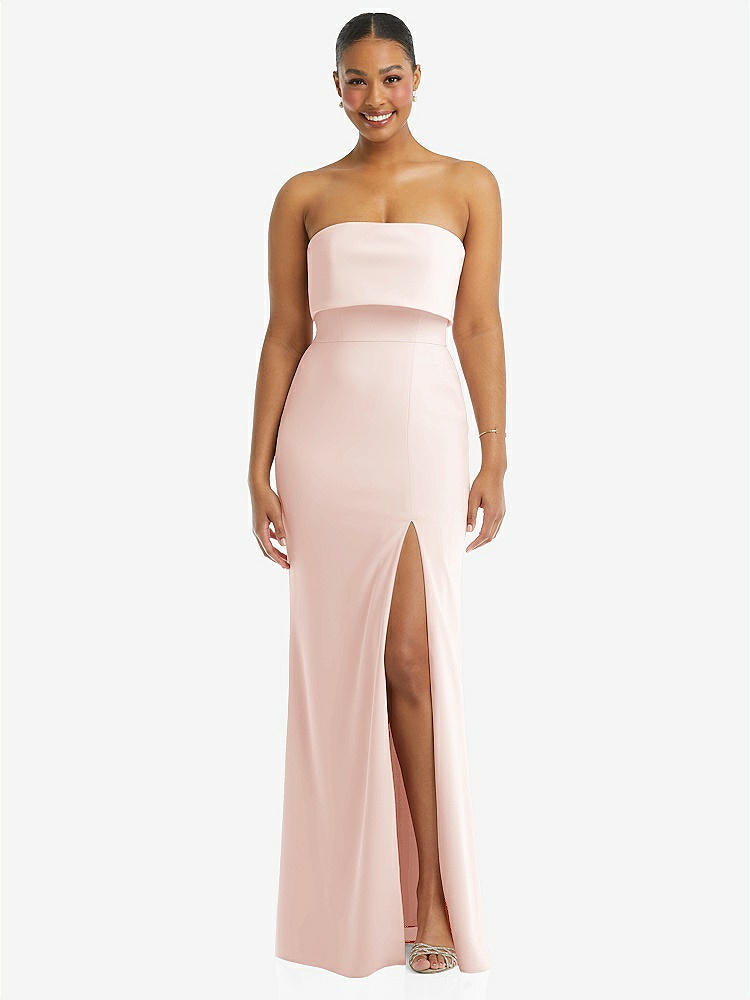 【STYLE: 3115】Strapless Overlay Bodice Crepe Maxi Dress with Front Slit【COLOR: Blush】