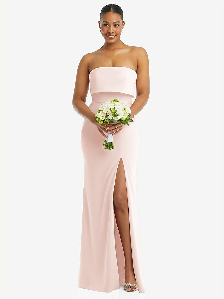 【STYLE: 3115】Strapless Overlay Bodice Crepe Maxi Dress with Front Slit【COLOR: Blush】