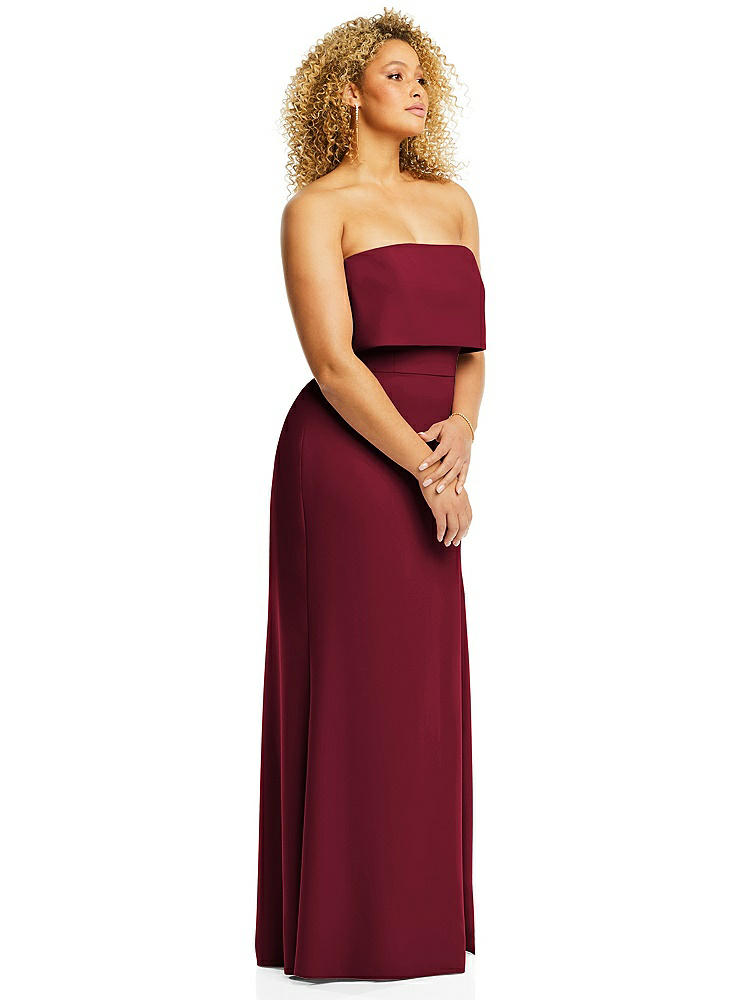 【NEW】【STYLE: 3115】ストラップレス オーバーレイ ボディス クレープ マキシ ドレス 前面 スリット【COLOR: Burgundy】【SIZE: 00-18W】