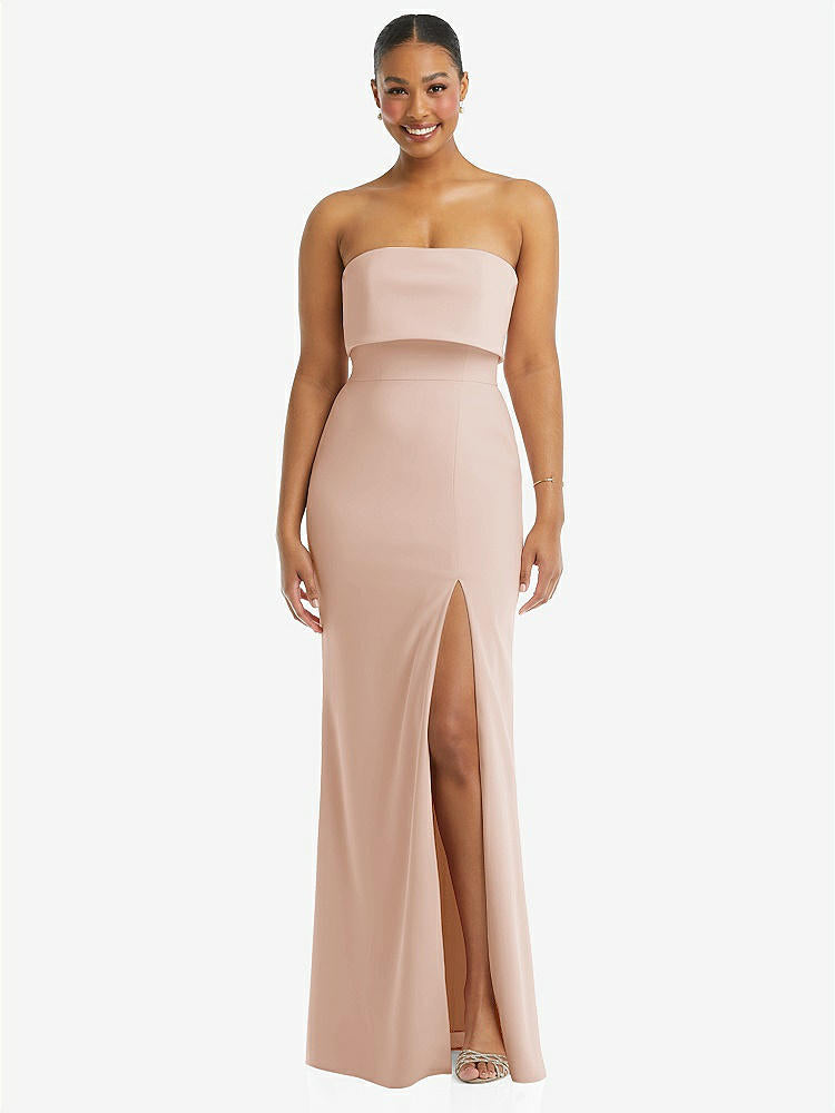 【STYLE: 3115】Strapless Overlay Bodice Crepe Maxi Dress with Front Slit【COLOR: Cameo】