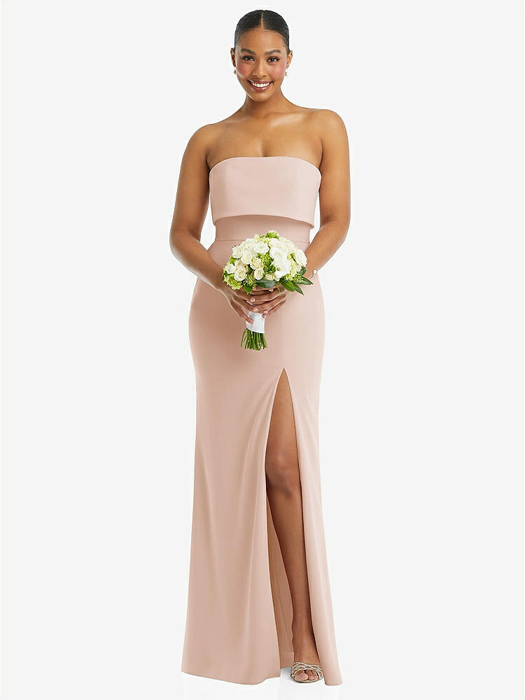【STYLE: 3115】Strapless Overlay Bodice Crepe Maxi Dress with Front Slit【COLOR: Cameo】