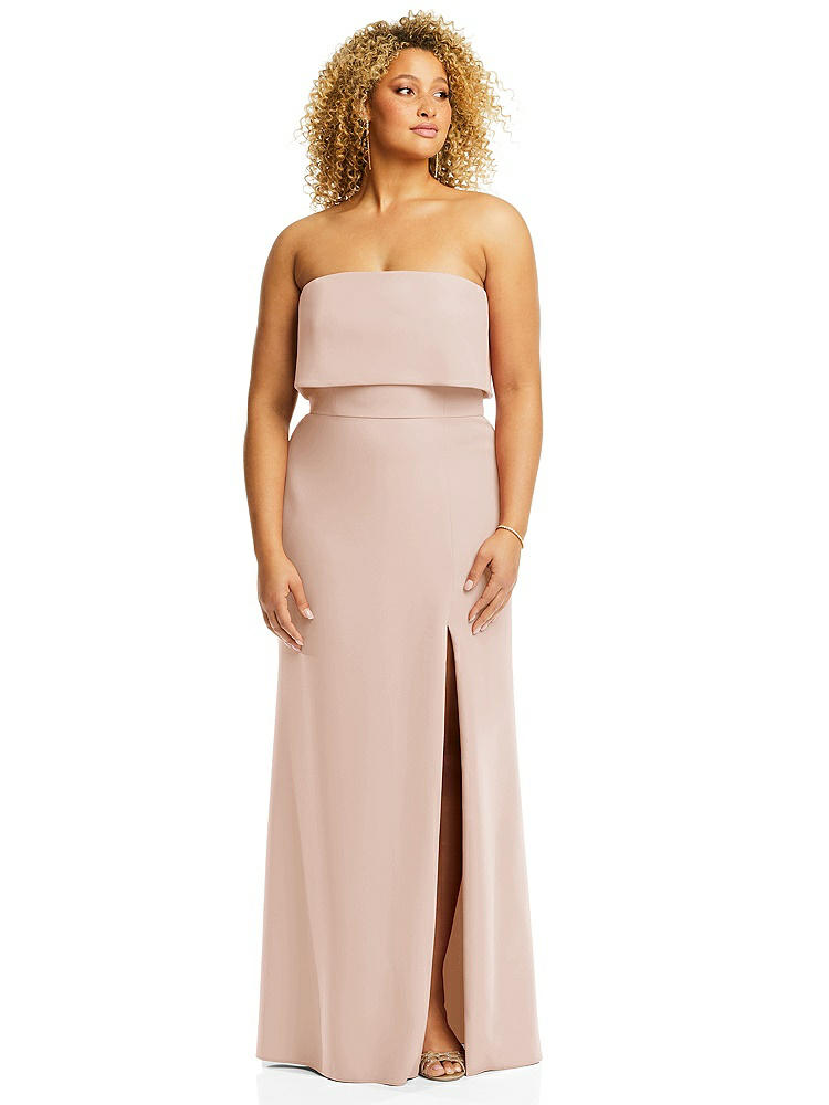 【STYLE: 3115】Strapless Overlay Bodice Crepe Maxi Dress with Front Slit【COLOR: Cameo】