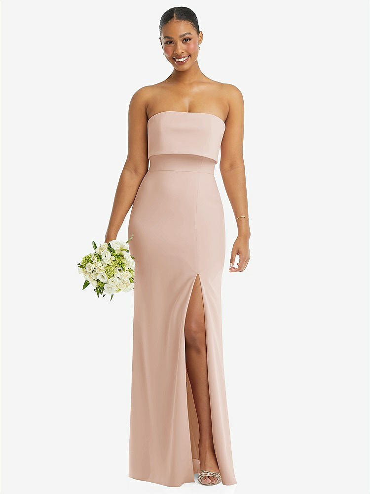 【STYLE: 3115】Strapless Overlay Bodice Crepe Maxi Dress with Front Slit【COLOR: Cameo】