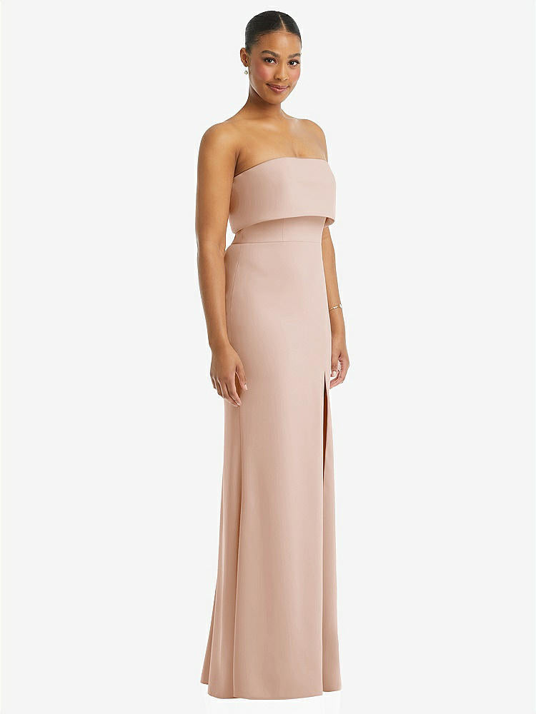 【STYLE: 3115】Strapless Overlay Bodice Crepe Maxi Dress with Front Slit【COLOR: Cameo】