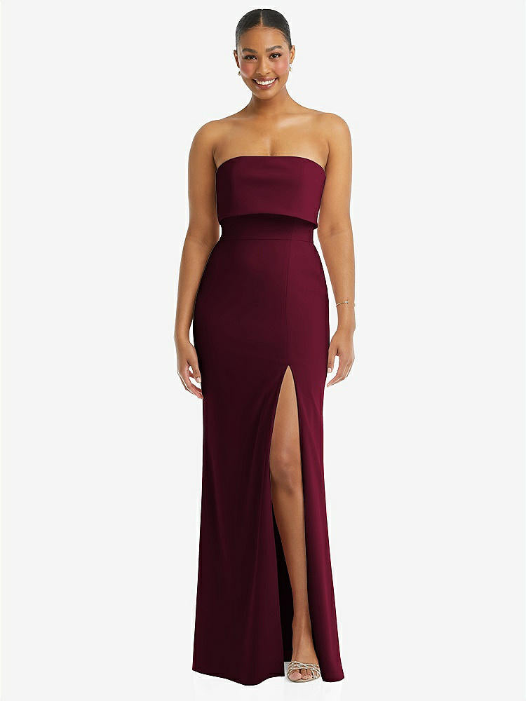 【STYLE: 3115】Strapless Overlay Bodice Crepe Maxi Dress with Front Slit【COLOR: Cabernet】
