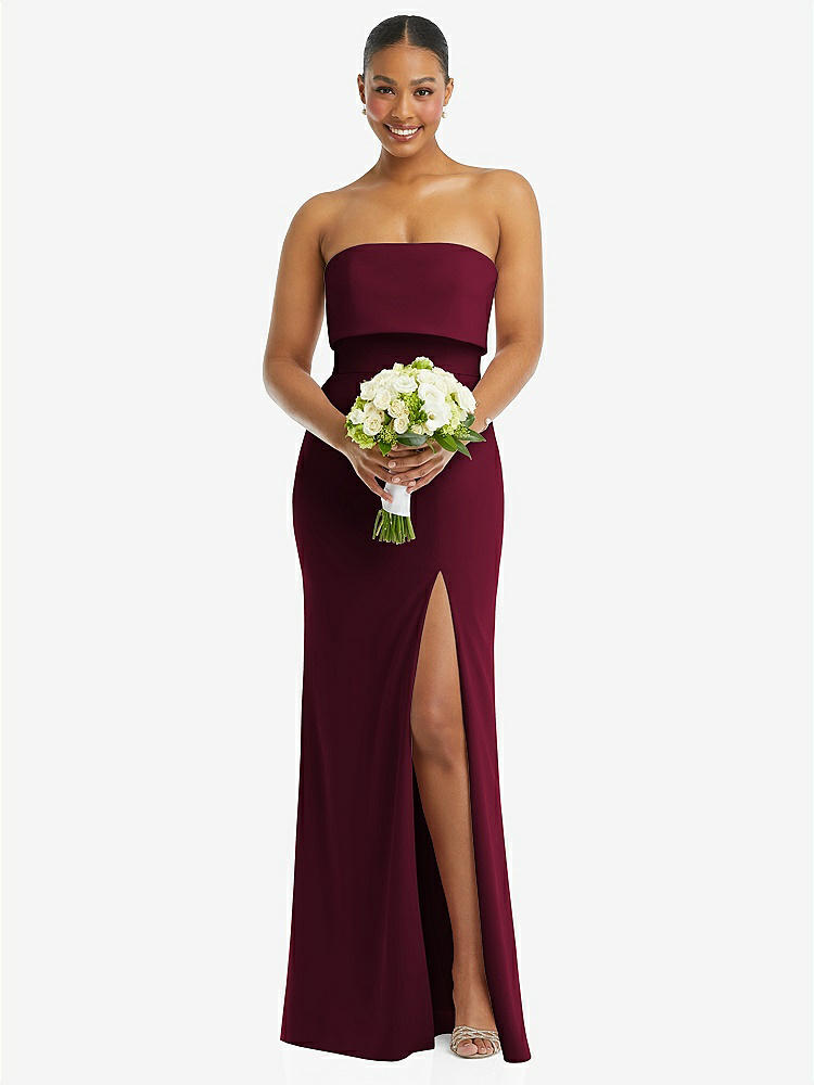 【STYLE: 3115】Strapless Overlay Bodice Crepe Maxi Dress with Front Slit【COLOR: Cabernet】