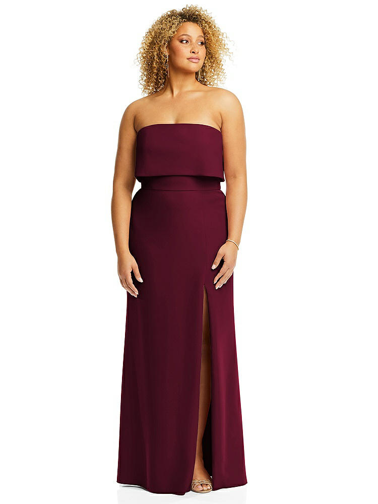 【STYLE: 3115】Strapless Overlay Bodice Crepe Maxi Dress with Front Slit【COLOR: Cabernet】