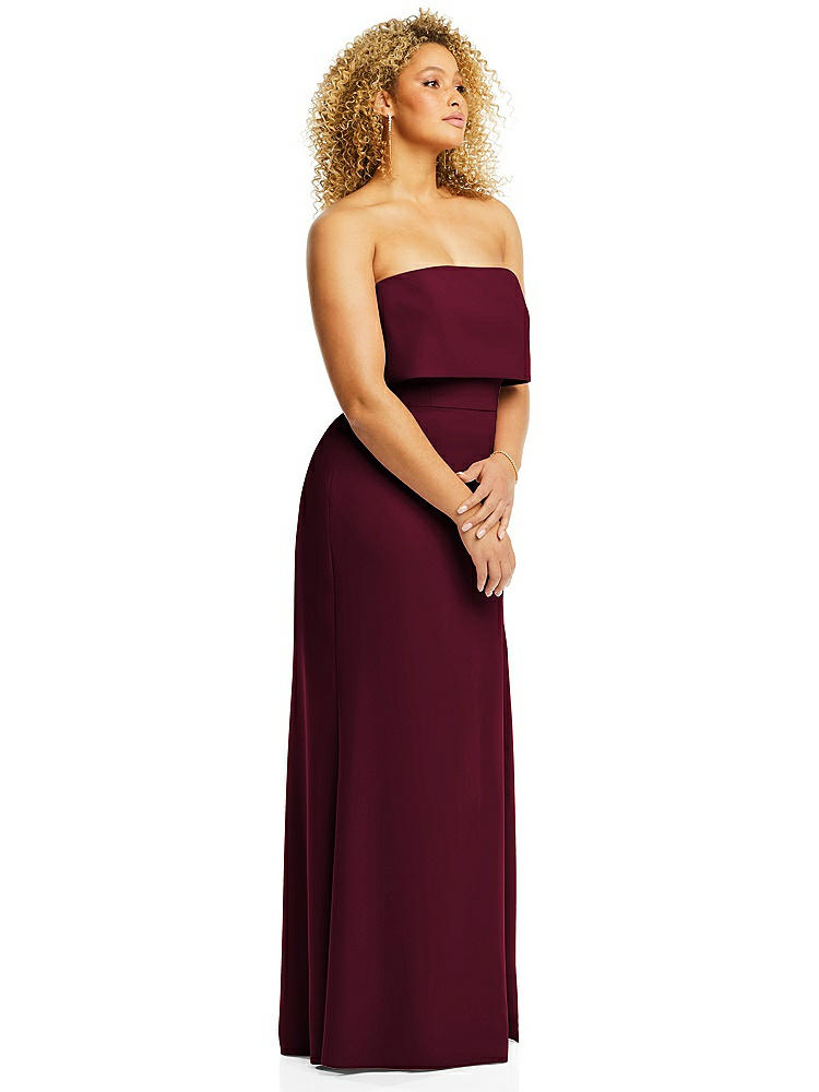 【STYLE: 3115】Strapless Overlay Bodice Crepe Maxi Dress with Front Slit【COLOR: Cabernet】