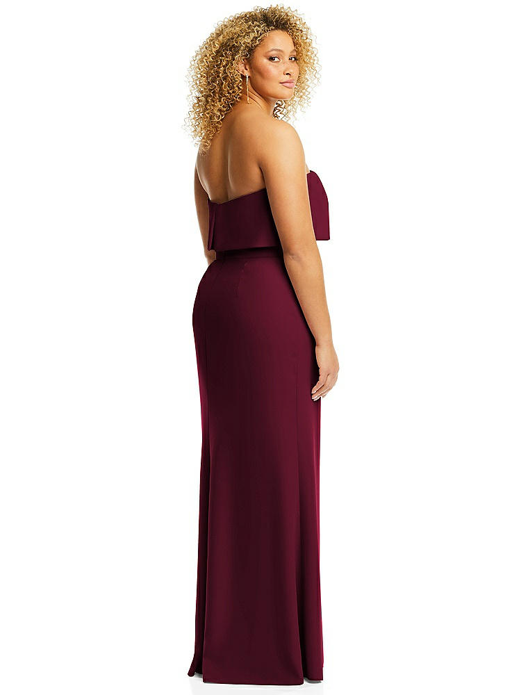 【STYLE: 3115】Strapless Overlay Bodice Crepe Maxi Dress with Front Slit【COLOR: Cabernet】
