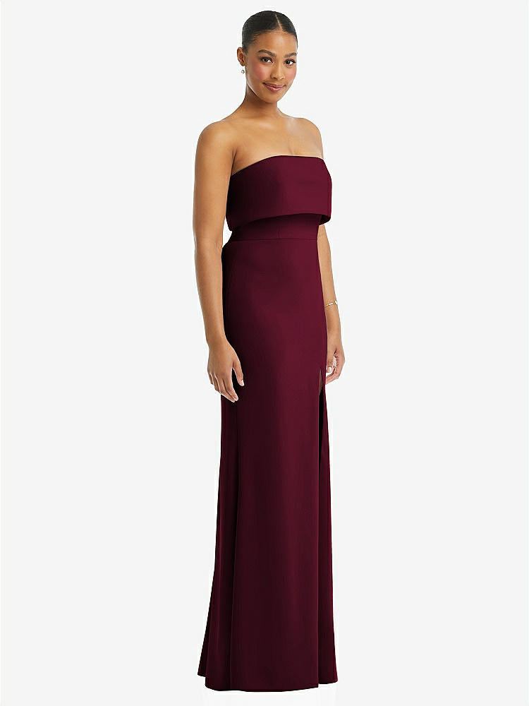 【STYLE: 3115】Strapless Overlay Bodice Crepe Maxi Dress with Front Slit【COLOR: Cabernet】