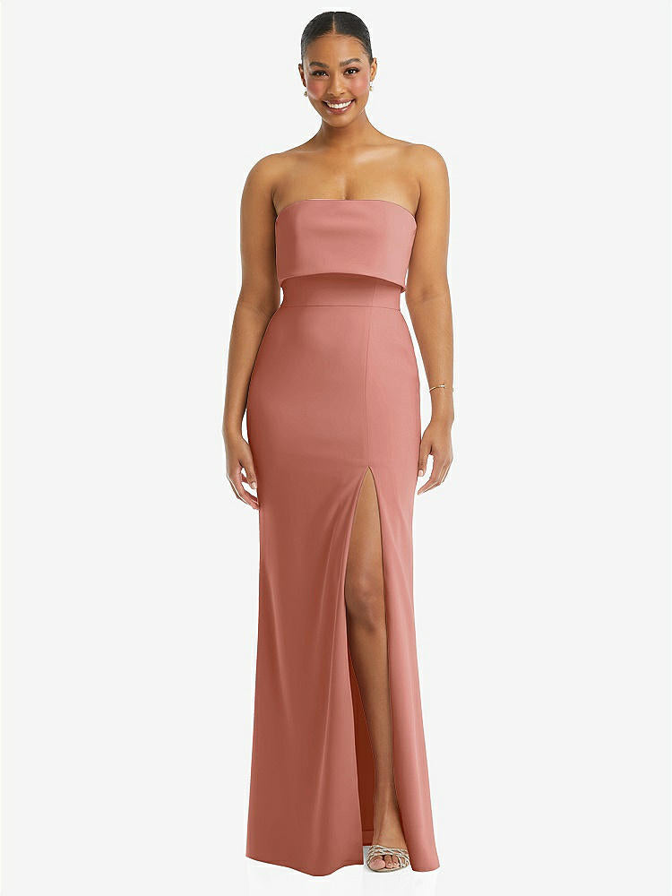 【STYLE: 3115】Strapless Overlay Bodice Crepe Maxi Dress with Front Slit【COLOR: Desert Rose】