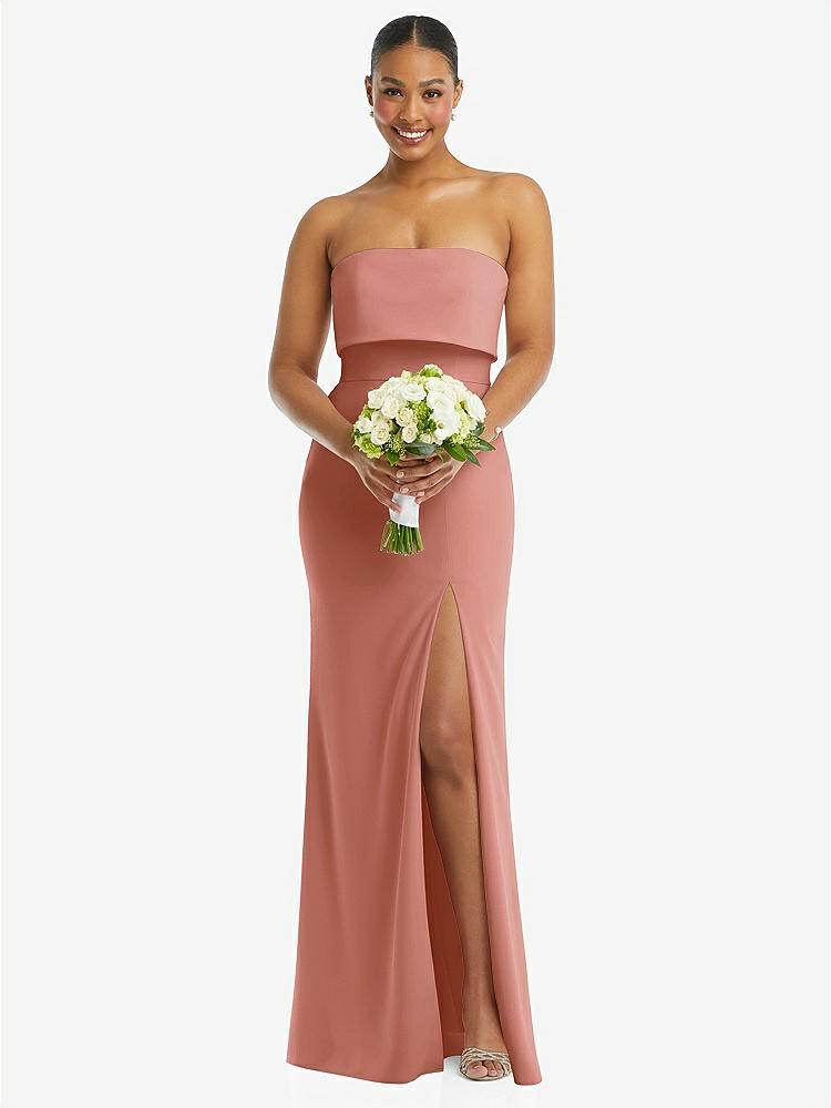 【STYLE: 3115】Strapless Overlay Bodice Crepe Maxi Dress with Front Slit【COLOR: Desert Rose】
