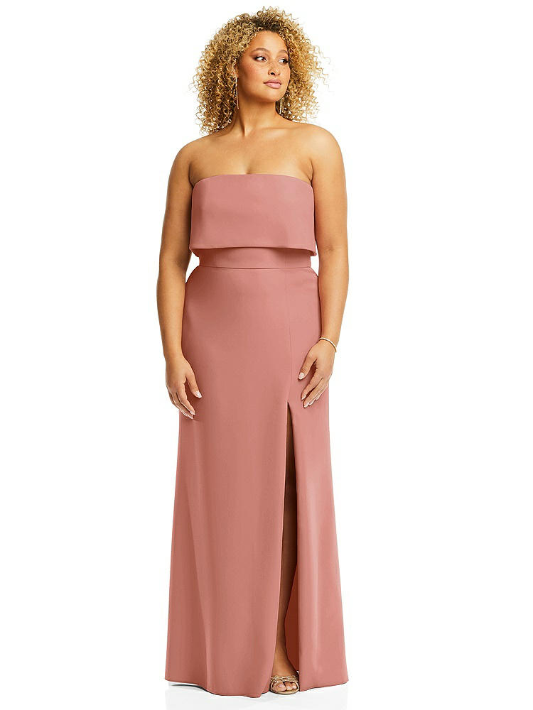 【STYLE: 3115】Strapless Overlay Bodice Crepe Maxi Dress with Front Slit【COLOR: Desert Rose】