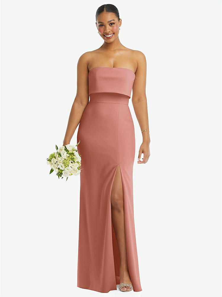 【STYLE: 3115】Strapless Overlay Bodice Crepe Maxi Dress with Front Slit【COLOR: Desert Rose】