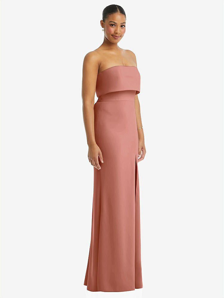 【STYLE: 3115】Strapless Overlay Bodice Crepe Maxi Dress with Front Slit【COLOR: Desert Rose】