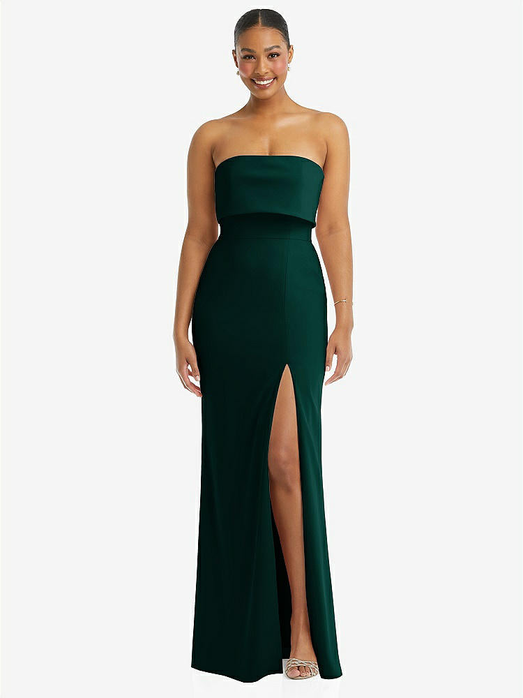 【STYLE: 3115】Strapless Overlay Bodice Crepe Maxi Dress with Front Slit【COLOR: Evergreen】