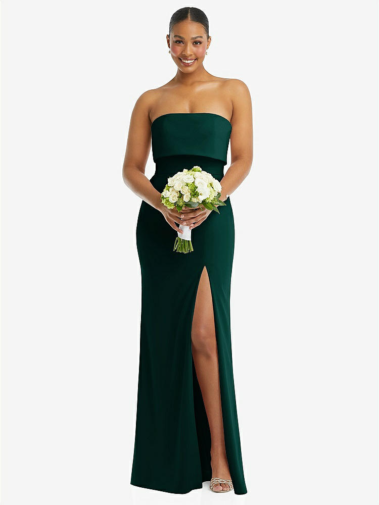 【STYLE: 3115】Strapless Overlay Bodice Crepe Maxi Dress with Front Slit【COLOR: Evergreen】