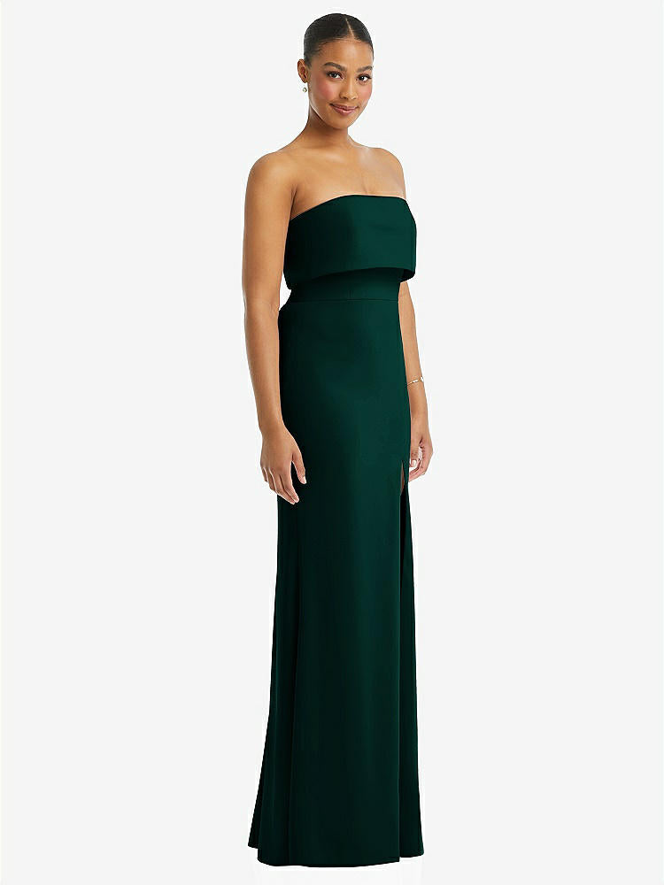 【STYLE: 3115】Strapless Overlay Bodice Crepe Maxi Dress with Front Slit【COLOR: Evergreen】